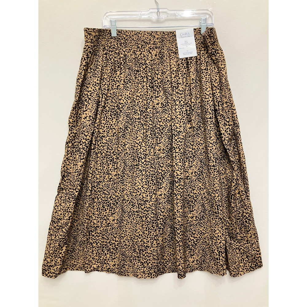 New Croft & Barrow Midi Skirt 1X Tan Black Leopard Elastic Waist Rayon Pockets
